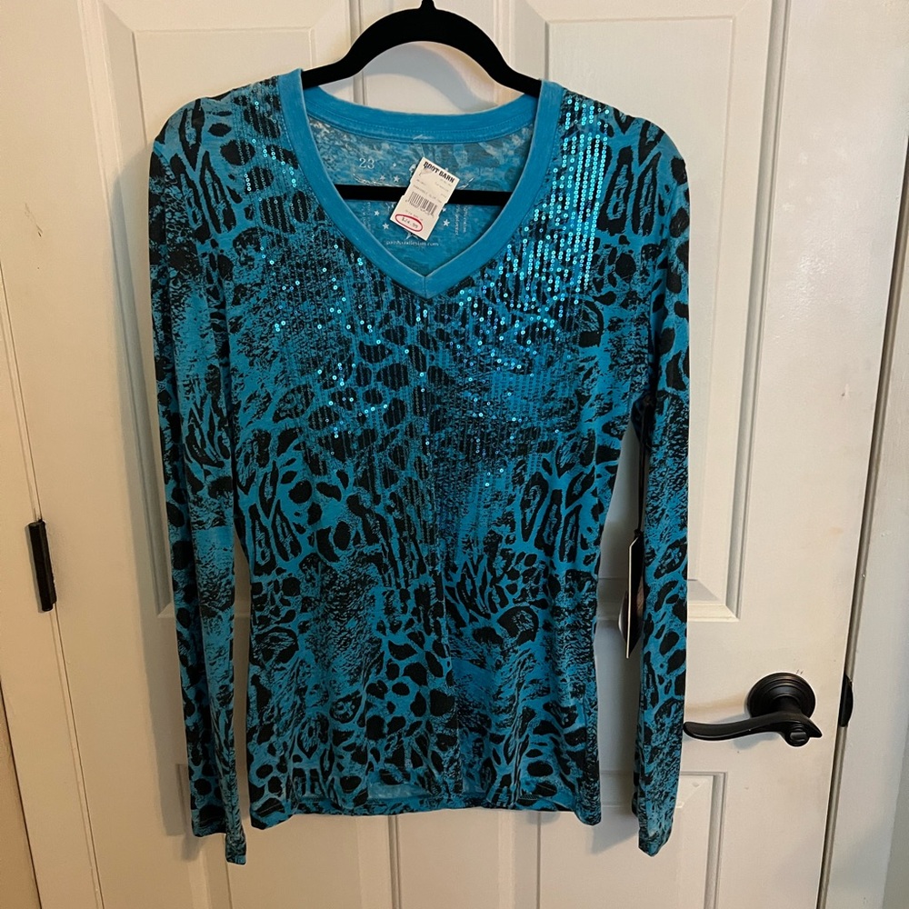 Blue sequin long sleeve shirt